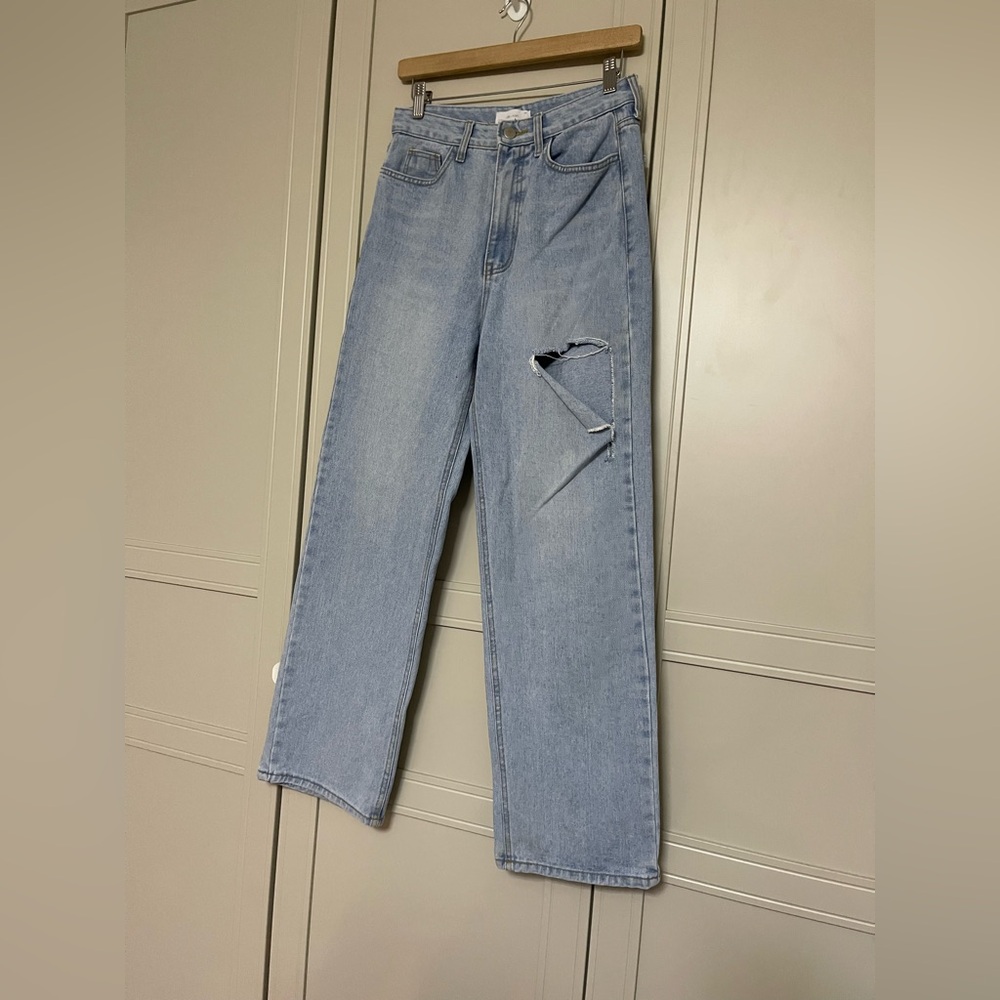 OAK + FORT Light Blue Straight Leg Jeans with Distressed Thigh - Picture 6 of 12
